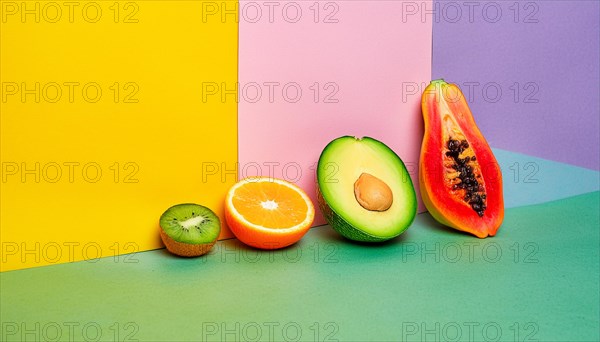 Still life of fruits with a pop art style and geometric pastel color background, horizontal, AI