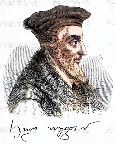 Portrait and signature of Bishop Hugh Latimer 1485 to 1555 English preacher and Protestant martyr,