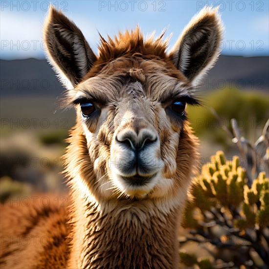 Guanaco standing on a solitary hill in the patagonian deserts sparsely vegetated landscape, AI