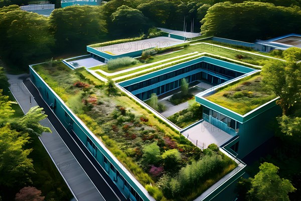Aerial view of a modern hospitals green roof designed as a therapeutic garden, AI generated,
