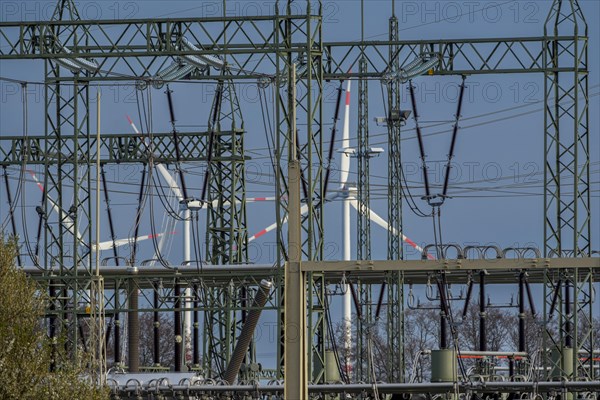 Stendal West substation with wind turbines in the background near Luederitz, Stendal,