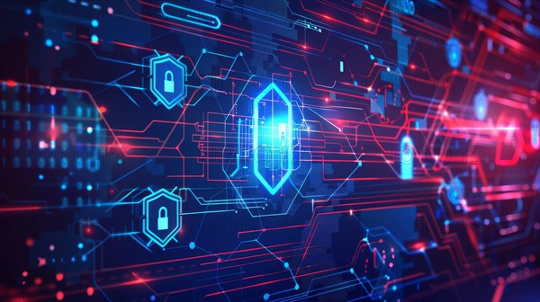Futuristic network protection concept with a digital shield and circuit lines, ai generated, AI