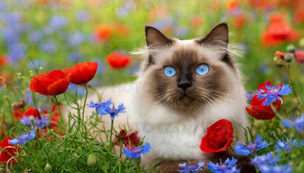 KI generated, animal, animals, mammal, mammals, cat, felidae (Felis catus), a cat lies in a meadow
