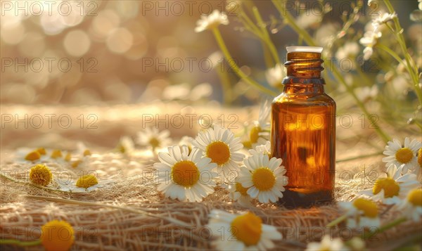 Chamomile essential oil in a dropper bottle, closeup view, skin care cosmetic background AI