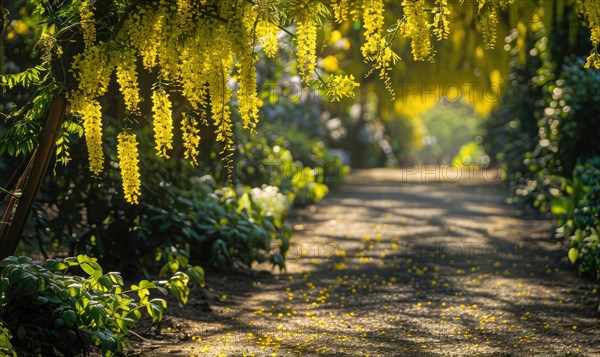 Laburnum flowers casting dappled shadows on a garden path AI generated