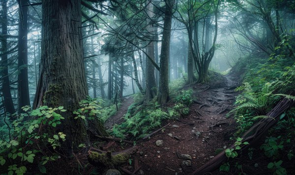 A cedar forest in the rain, nature background AI generated