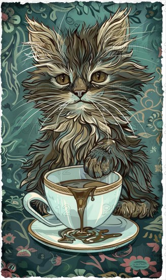 A cat is sitting on a table with a cup of coffee. The cat is looking at the camera and he is