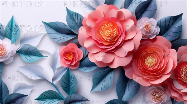 Intricate 3D paper art featuring coral roses and blue leaves against a grey backdrop, ai generated,