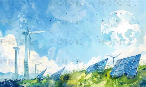 Watercolor illustration of Earth with wind turbines and solar panels, eco energy background AI
