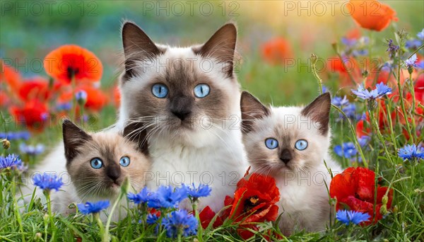 KI generated, animal, animals, mammal, mammals, cat, felidae (Felis catus), a cat and two kittens