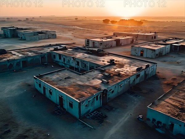 Aerial view of deserted military base featuring empty barracks and abandoned tanks in silent, AI