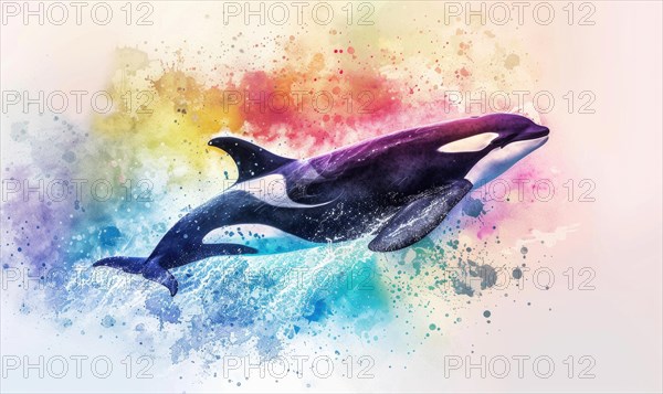A watercolor depiction of an orca whale breaching the surface against a backdrop of vibrant ocean