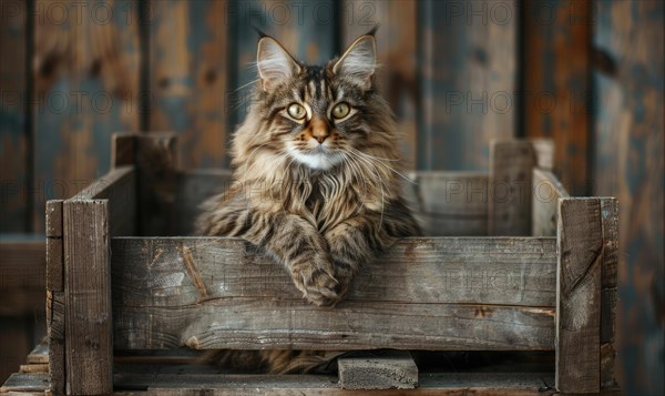 Maine Coon cat sitting proudly atop a rustic wooden crate AI generated