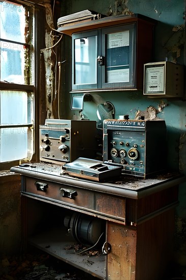 Abandoned x ray room in abandoned hospital, AI generated, hospital, damage, abandoned, ruin,