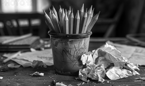 Graphite pencils arranged in a cup on a desk, surrounded by crumpled sheets of discarded white
