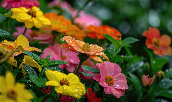 Raindrops clinging to the petals of colorful blooming flowers in a garden, closeup view AI