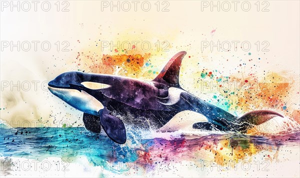 A watercolor depiction of an orca whale breaching the surface against a backdrop of vibrant ocean