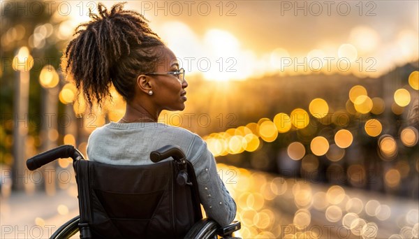 Solitary woman in a wheelchair immersed in thought during the city's enchanting golden hour, AI
