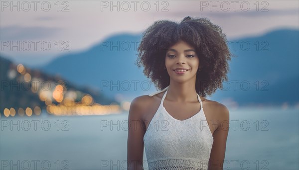 Smiling woman wearing a summer dress by the waterfront at sunset, radiating serenity, blurry moody