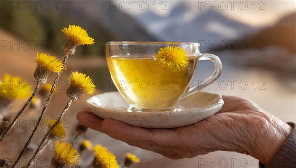 A clear teacup filled with coltsfoot blossom tea on a plate, surrounded by nature and mountains,