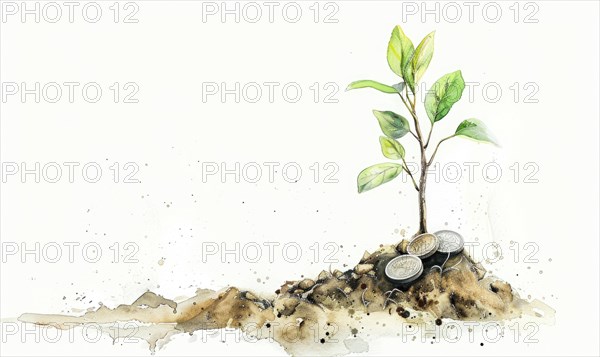 Tree sprout with coins growing from its buds, watercolor illustration on white background AI