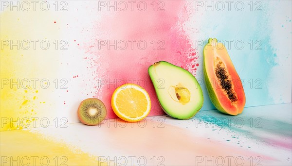 Fresh fruits against a vibrant watercolor background creating an artistic display, horizontal, AI