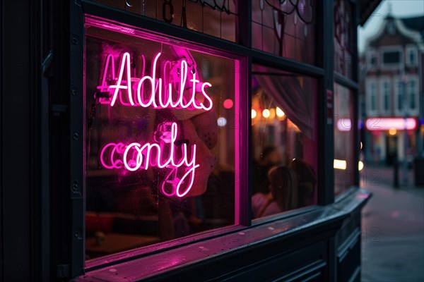 Glowing pink neon light 'Adults only' text hanging in window of bar at night. KI generiert,