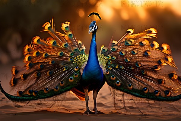 Peacock with the full display of magnificent plumage usp in each feather in the Thar desert, AI