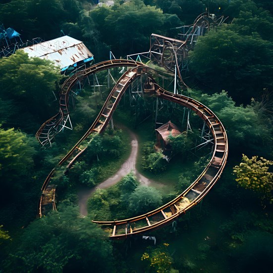Aerial view of a bandoned amusement park overgrown with vegetation and rusting roller coasters, AI