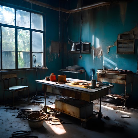 Deserted operating theater rusting surgical tools scattered on a surgical table, AI generated,