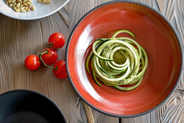 Fresh zucchini noodles with pesto on a red plate garnished with pine nuts and tomatoes, AI