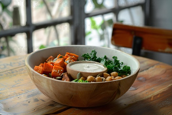 Wooden bowl filled with a healthy salad of sweet potatoes, chickpeas, and greens, AI generated