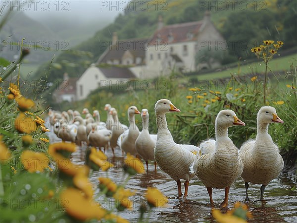 A row of geese in a flowering field with a foggy village in the background, AI generated, AI