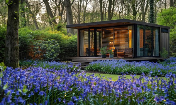 A serene modern wooden cabin surrounded by a lush carpet of bluebells and forget-me-nots in a
