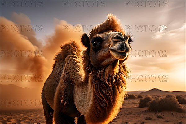 Bactrian camel with thick fur standing resilient against gobi deserts extreme temperature, AI