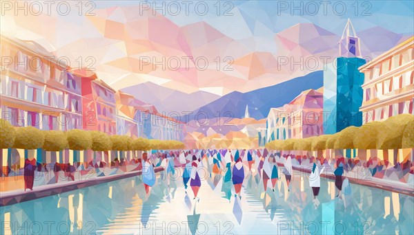 Painting of busy town square with people and water reflections, surrounded by mountains, low poly