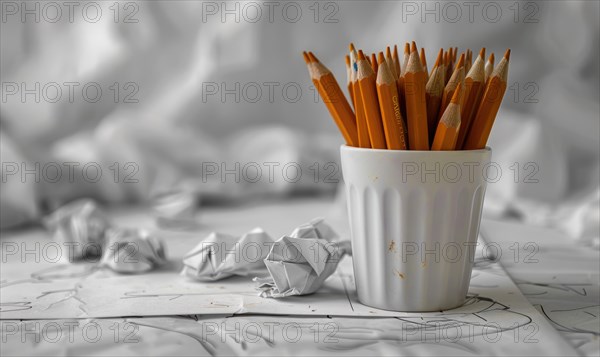 Graphite pencils arranged in a cup on a desk, surrounded by crumpled sheets of discarded white