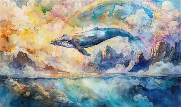 A watercolor artwork portraying a surreal scene of a whale leaping over a rainbow in a dreamlike