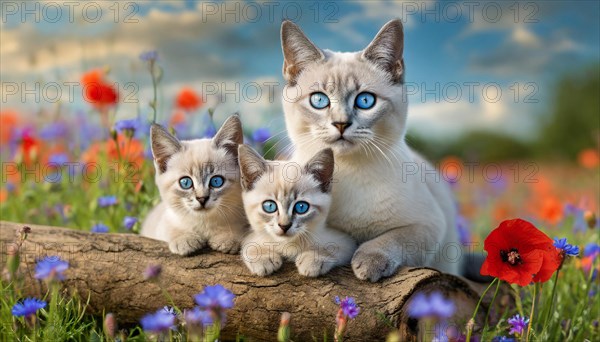KI generated, animal, animals, mammal, mammals, cat, felidae (Felis catus), a cat and two kittens