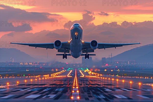 A commercial airplane takes off during a breathtaking sunset, with the runway's vibrant lights