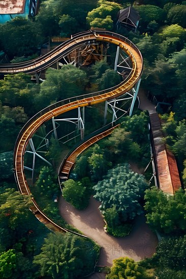 Aerial view of a bandoned amusement park overgrown with vegetation and rusting roller coasters, AI