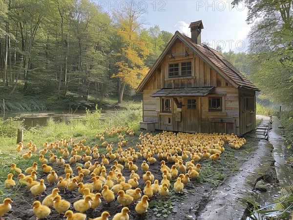 Flock of ducklings gathered in front of a rustic cabin with autumnal trees, AI generiert, AI