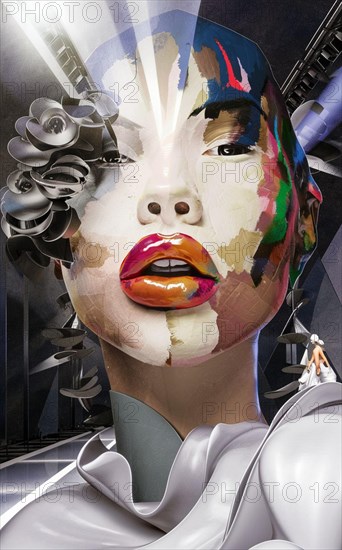 Abstract portrait of a female face with colorful geometric patterns and metallic texture, Vertical