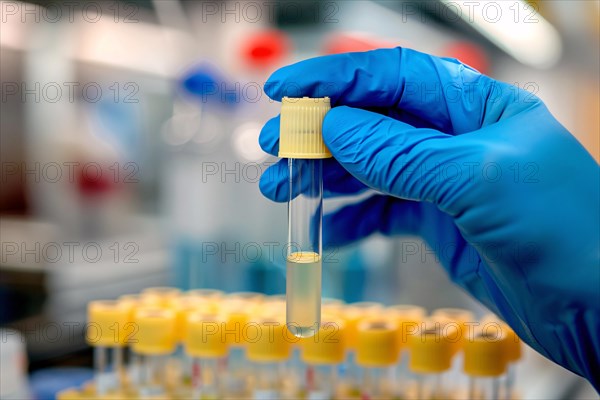 Scientist's hand holding test tube with liquid in research lab. KI generiert, generiert, AI