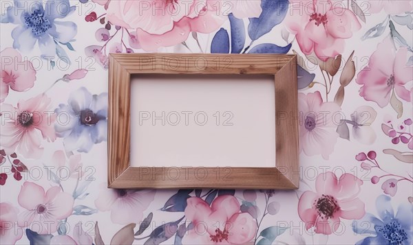A gold frame with pink flowers on the wall. Abstract background with frame and space for text AI