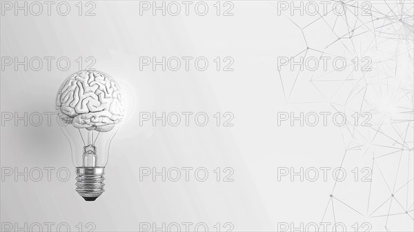 A light bulb with a brain as its filament set against a white background with geometric patterns,
