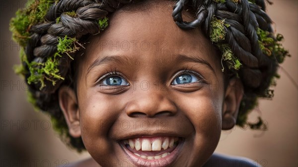 Portrait of a joyful boy with a crown of moss and curly hair, broad smile, earth day concept, AI