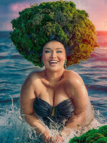 Ecstatic empowered plus size woman in black swimwear with a moss headdress in ocean splashes, earth