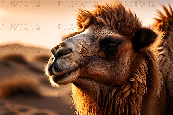 Bactrian camel with thick fur standing resilient against gobi deserts extreme temperature, AI