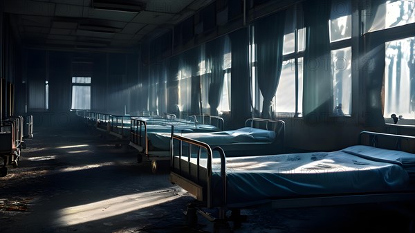 Rows of empty rusting hospital beds suspended in the melancholy, AI generated, hospital, damage,